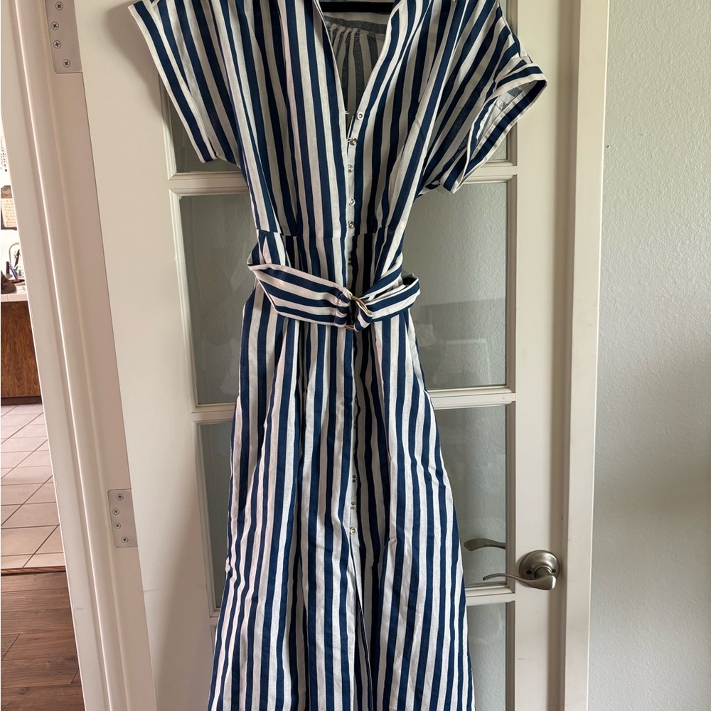 Zara Navy and White Striped Midi Dress